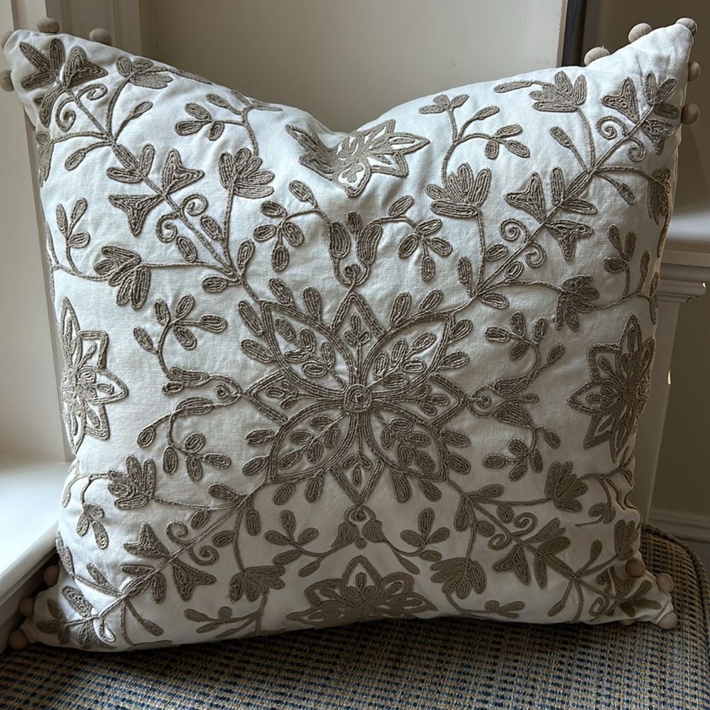 Pottery Barn Cream and Brown Embroidered Accent Pillow